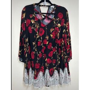 Umgee Floral Lace Trim Tunic Dress Womens Small Black Red Rose Excellent Boho